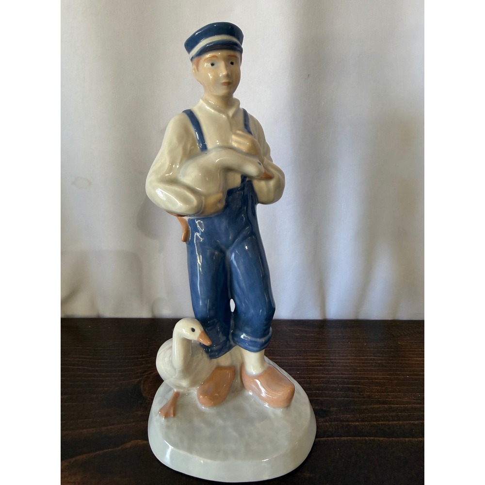 VTGDutch Boy with Geese Ceramic‎ Figurine Blue White 10"